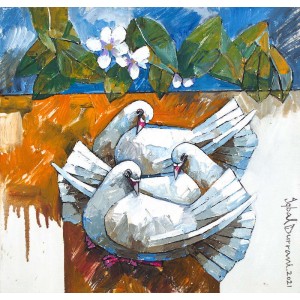 Iqbal Durrani, Peaceful Slumber, 18 x 18 Inch, Oil on Canvas, Pigeon Painting, AC-IQD-204